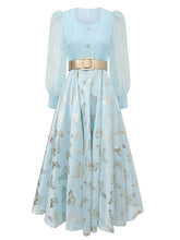Load image into Gallery viewer, Gold Foil Butterfly Print Pink Vintage Square Neck Maxi Dress with Sheer Bubble Sleeves
