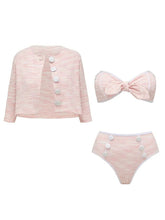 Load image into Gallery viewer, 3 Piece Textured Pink Bathing Suit Vintage 1960s Mod Bow Bikini Set