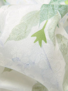 White Satin Green Leaves Flying Sleeves Print Vintage Dress