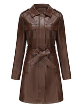 Load image into Gallery viewer, Women's Black Faux PU Leather Trench Mid-Length Coat with Belt