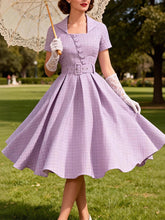 Load image into Gallery viewer, Purple Plaid Square Collar 1950s Swing Dress