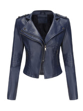 Load image into Gallery viewer, Women's Navy Blue Faux Leather Motorcycle Jacket | Slim Fit Asymmetrical Zip Moto Biker Coat