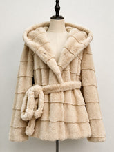 Load image into Gallery viewer, 1980s Vintage Charcoal Grey Hooded Faux Mink Fur Coat - Retro Tiered Belted Jacket