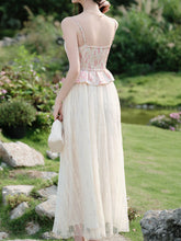 Load image into Gallery viewer, 2PS Pink Rose Spaghetti Strap 1950S Swing Victoria&#39;s Fairy Dress With Pink Cardigan