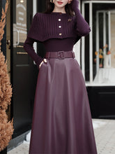 Load image into Gallery viewer, 3PS Purple Knitted Sweater And Cape With Purple PU Swing Skirt Set
