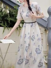 Load image into Gallery viewer, Retro Blue and White Porcelain Style Ballerina Graphic Dress Elegant Lace Flare Midi Dress for Picnic Vacation