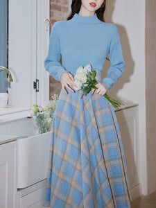 2PS Blue Sweater And Plaid Swing Skirt 1950S Vintage Audrey Hepburn's Style Outfits