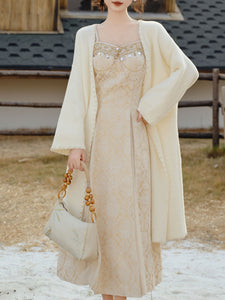 2PS Apricot Cardigan With Sequined Strap 50S Vintage Dress Set