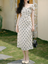 Load image into Gallery viewer, White Polka Dot Retro One Shoulder Chiffon Midi Dress