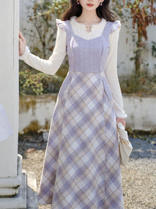 1950s Vintage White Sweater And Purple Plaid Dress Suit
