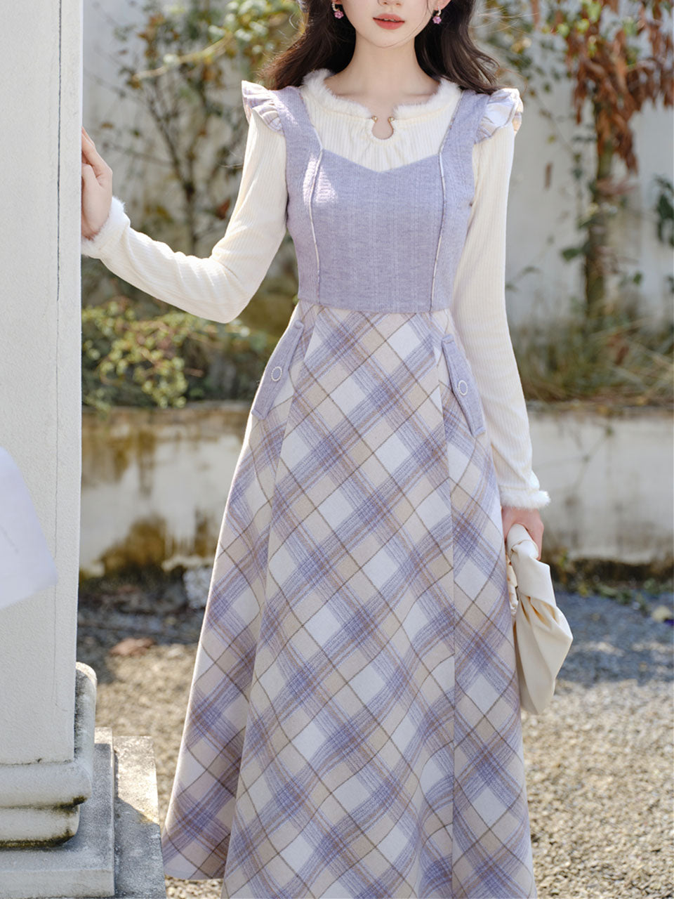 1950s Vintage White Sweater And Purple Plaid Dress Suit