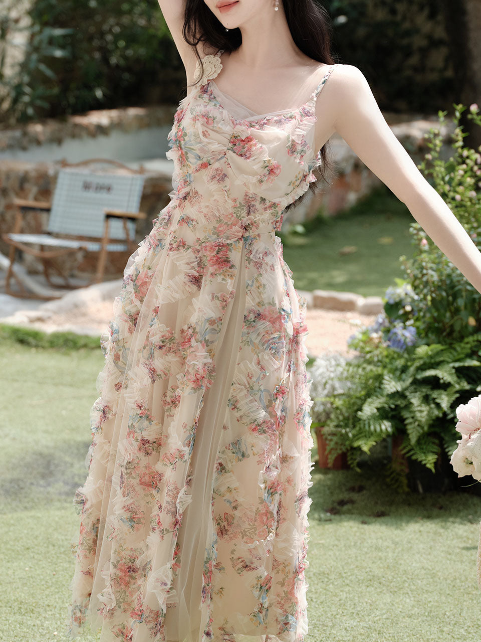 2PS Pink Spaghetti Strap Floral Mesh Ruffles Fairycore Dress With Cardigan Suit, Pink / S 2PS Pink Spaghetti Strap Floral Mesh Ruffles Fairycore Dress With Cardigan Suit, Pink / S