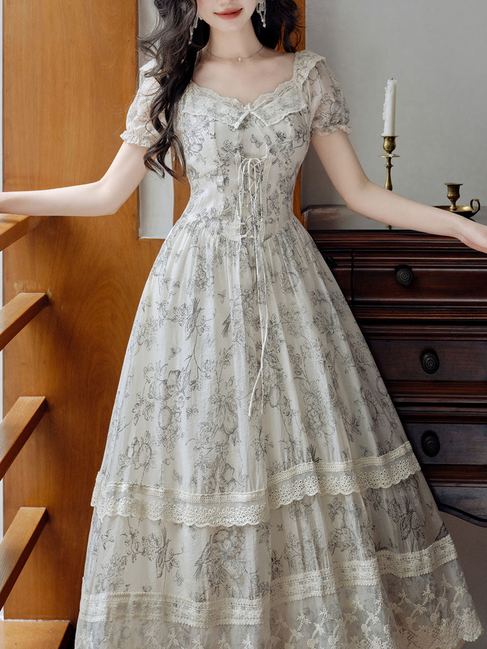 Grey Retro Print Lace Crew Neck Corset Tie-Strap Vintage Tea Dress, Grey / M Grey Retro Print Lace Crew Neck Corset Tie-Strap Vintage Tea Dress, Grey / M