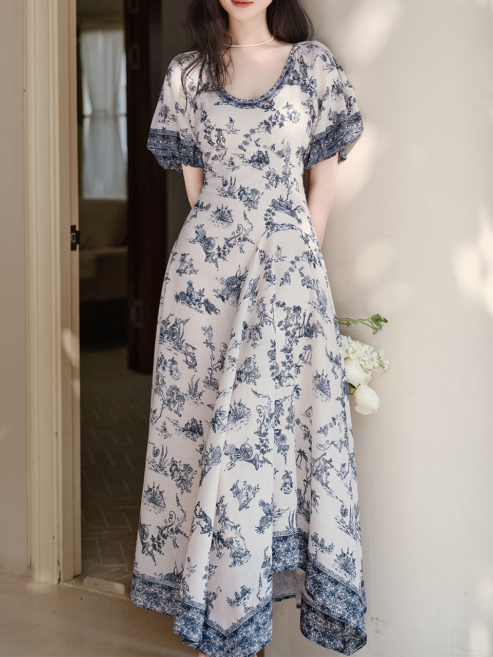 edwardian dresses Blue Vintage Pattern Puff Sleeve Victoria Edwardian Dress, Blue / XS