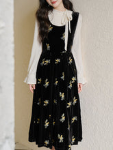 Load image into Gallery viewer, Two-Piece Set White Brushed-Lace Sweater and Black Floral Embroidered Velvet Dress