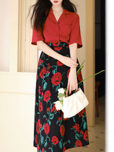 Load image into Gallery viewer, 2PS Red Casual Shirt and High Waist Rose Print Skirt Outfit