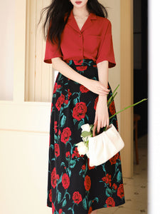 2PS Red Casual Shirt and High Waist Rose Print Skirt Outfit