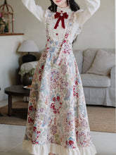 Load image into Gallery viewer, 2PS Victorian White Blouse with Floral Embroidered Jumper Skirt  Vintage Set