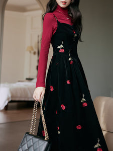 2PS Red Top And Black Strap Rose Embroidered Velvet 1950S Dress Set