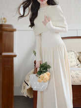 Load image into Gallery viewer, White Two-Piece Set Pearl Beaded Long Sleeve Dress with Cable Knit Cape