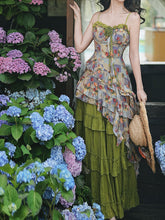 Load image into Gallery viewer, 2PS Boho Gypsy Floral Asymmetrical Maxi Dress Whimsical Green Crinkled Tiered Ruffle Dress for Festival