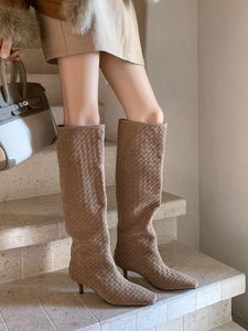 Women's Suede Knit High Heel Knee High Boots Vintage Shoes