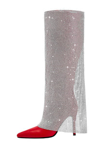 Red High Heel Pointed Toes Luxury Bling Rhinestone Trouser Boots Shoes