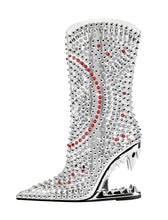 Load image into Gallery viewer, Silver High Heel Pointed Toes Luxury Bling Rhinestone Boots Shoes