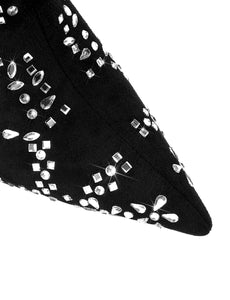 Black High Heel Pointed Toes Luxury Flower Bling Rhinestone Boots Shoes
