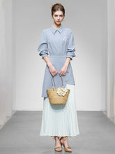 Load image into Gallery viewer, Modern Vintage Asymmetrical Blue Embroidered with Pleated Shirt Dress