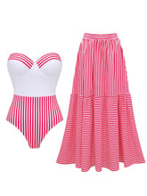 Load image into Gallery viewer, Pink and White Vertical Striped Bandeau One-Piece Swimsuit with Bathing Suit Skirt