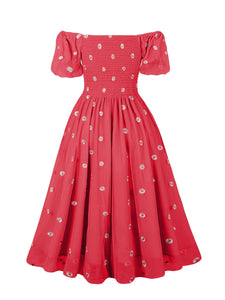 Red Daisy Off The Sleeve Smocking 1950S Vintage Dress