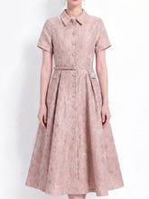 Load image into Gallery viewer, Pink Jacquard Elegant Embossed Floral Shirt Dress with Belt