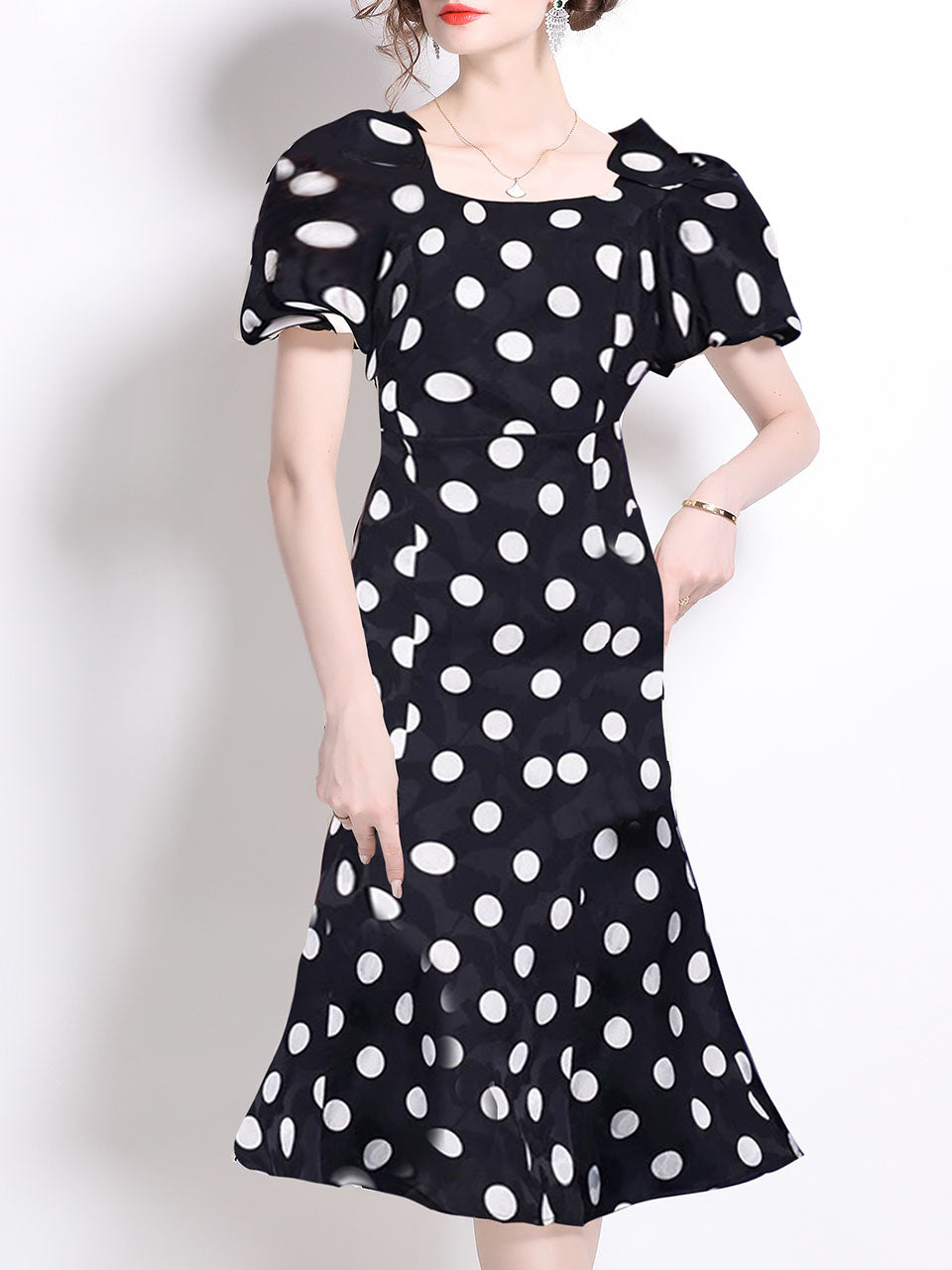 Black Polka Dots Vintage Puff Sleeves Bodycon Dress, Black / XL Black Polka Dots Vintage Puff Sleeves Bodycon Dress, Black / XL