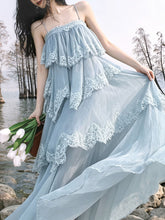 Load image into Gallery viewer, Blue Lace Spaghetti Strap Irregular Tiered Maxi Dress