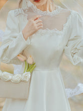 Load image into Gallery viewer, White Lace Semi Sheer Stain Long Sleeve Vintage 1950S Weddding Dress
