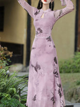 Load image into Gallery viewer, 1950S Vintage Purple Butterfly Print Long Sleeve Swing Dress