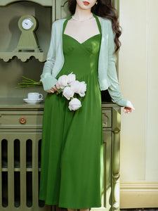 Green Halter Backless Vintage Dress Prom Dress With Short Cardigan, Wine Red / M Green Halter Backless Vintage Dress Prom Dress With Short Cardigan, Wine Red / M