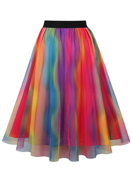 1950S Rainbow High Wasit Pleated Swing Vintage Skirt