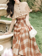 Load image into Gallery viewer, 3PS Brown Knitted Sweater Top Cape With Plaid Skirt Vintage 1950s Suits