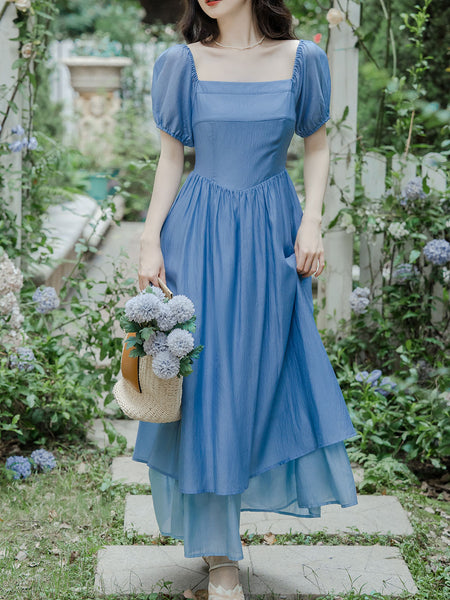 1950S Vintage Blue Square Collar Swing Dress Inspired The Little