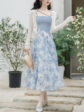 Load image into Gallery viewer, 2PS Blue Rose Spaghetti Strap 1950S Vintage Dress With Long Sleeve Ruffles Cardigan