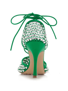 10CM High Heel Square Toe Rhinestones Twine Sandals