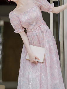 Pink Square Neck Embroidered Princess Sleeve Corset Vintage Dress
