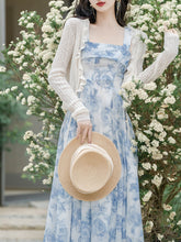 Load image into Gallery viewer, 2PS Blue Rose Spaghetti Strap 1950S Vintage Dress With Long Sleeve Cardigan