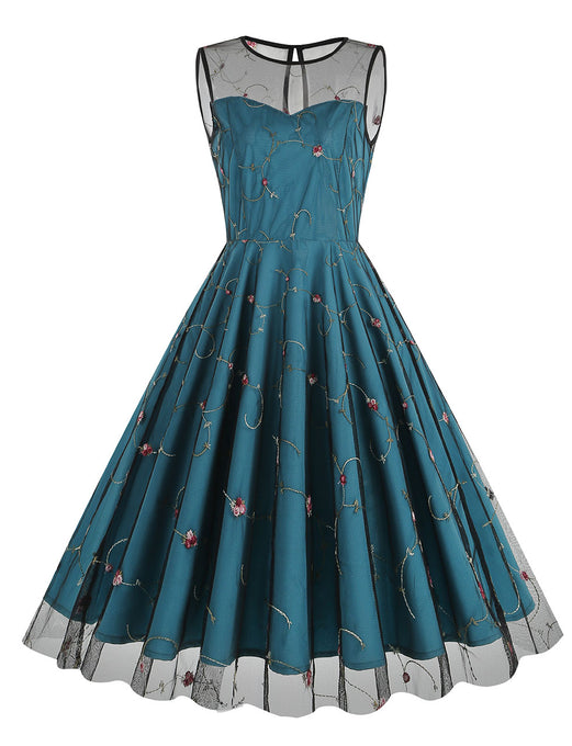 Lake Blue Semi Mesh Flower Embroidered Sleeveless 50S Swing Dress