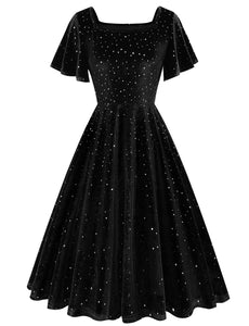Christmas Green Square Collar Sequins Velvet 1950S Vintage Swing Dress