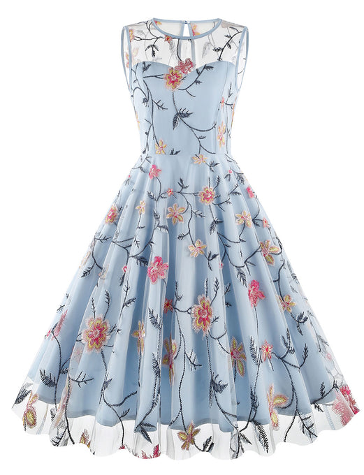 Lake Blue Semi Mesh Rose Embroidered Sleeveless 50S Swing Dress