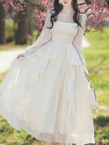 White Square Collar Long Sleeve Ruffles Vintage 1950S Dress