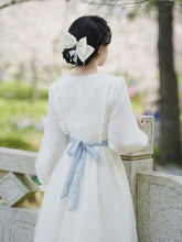 Load image into Gallery viewer, White Lace V Neck Long Puff Sleeve Ruffles Edwardian Revival Dress